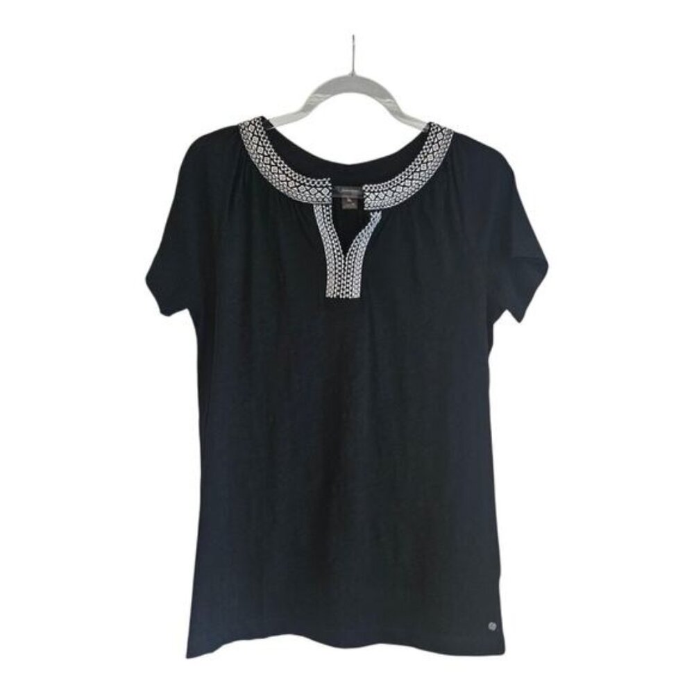 Eddie Bauer Womens XS Top Black Embroidered Geometric S/S Split Neck 100% Cotton